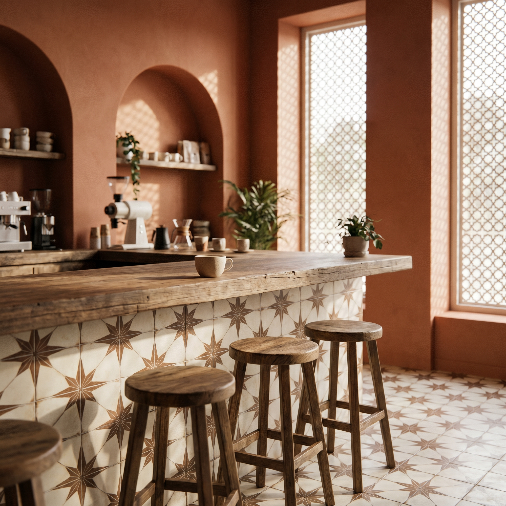 Warm minimalist interior of Muzn Cafe